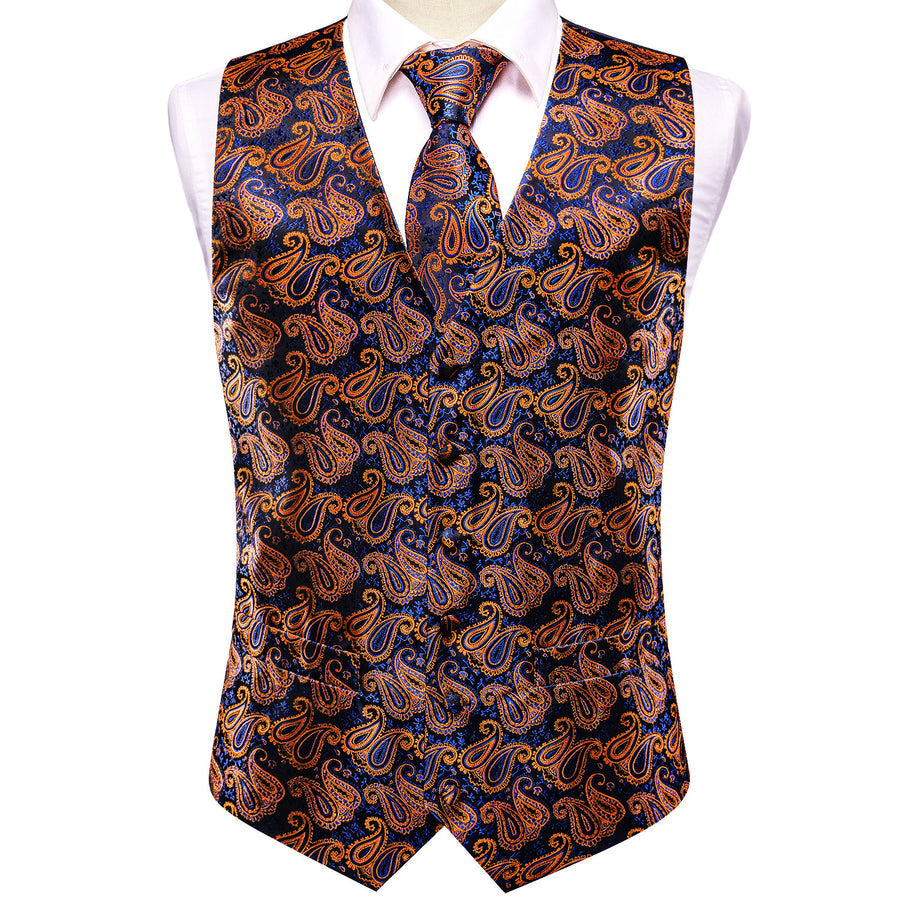 Blue Orange Paisley Jacquard Silk Vest Set vest set    - Sophisticated Gentlemen
