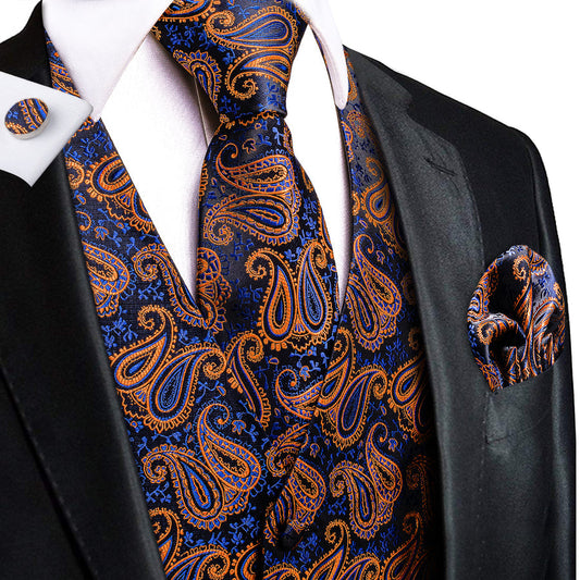 Blue Orange Paisley Jacquard Silk Vest Set vest set S (Chest 40")   - Sophisticated Gentlemen