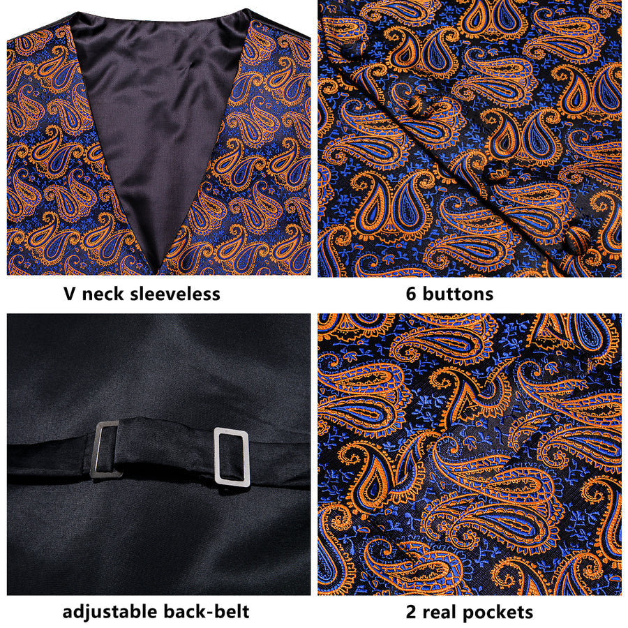 Blue Orange Paisley Jacquard Silk Vest Set vest set    - Sophisticated Gentlemen