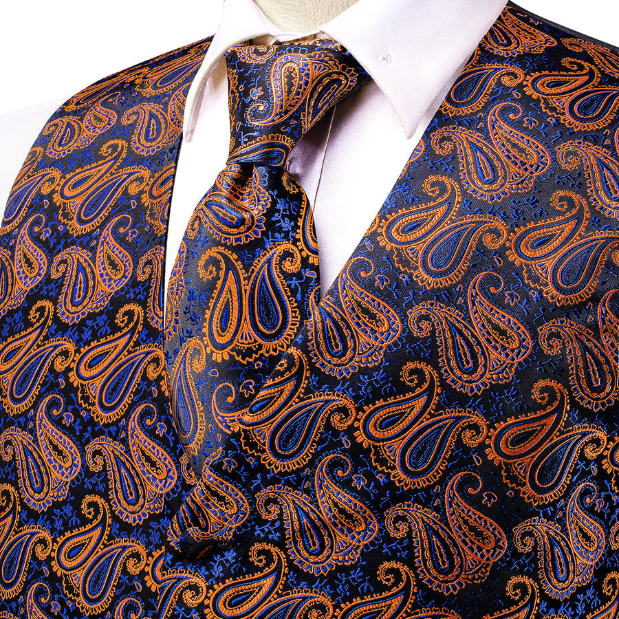 Blue Orange Paisley Jacquard Silk Vest Set vest set    - Sophisticated Gentlemen