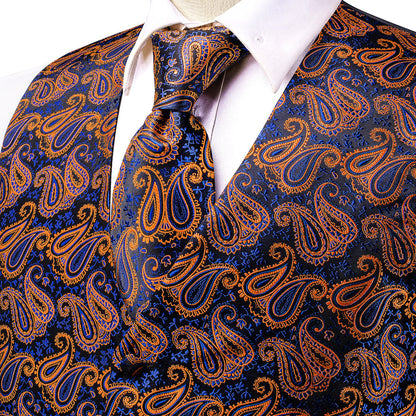 Blue Orange Paisley Jacquard Silk Vest Set vest set    - Sophisticated Gentlemen