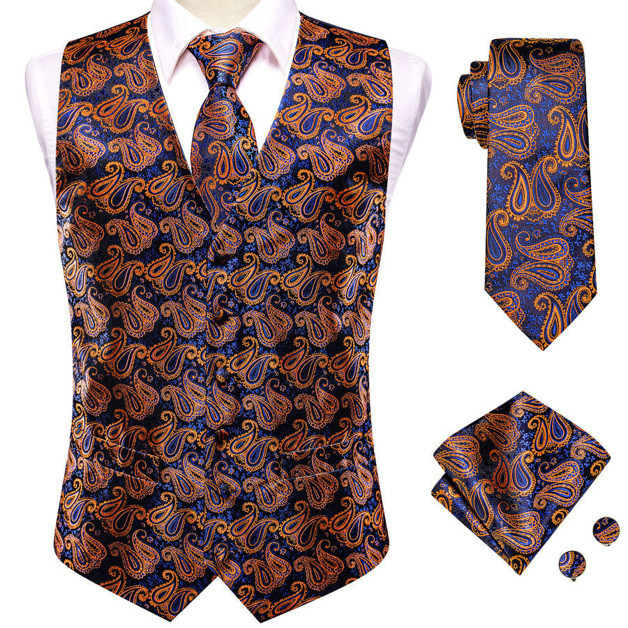 Blue Orange Paisley Jacquard Silk Vest Set vest set    - Sophisticated Gentlemen