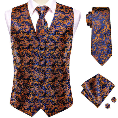 Blue Orange Paisley Jacquard Silk Vest Set vest set    - Sophisticated Gentlemen