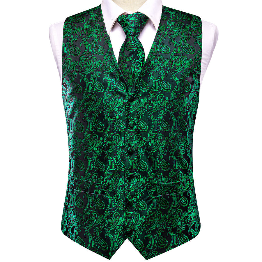 Dark Green Paisley Jacquard Silk Men's Vest Set vest set    - Sophisticated Gentlemen