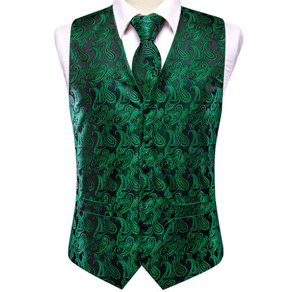 Dark Green Paisley Jacquard Silk Men's Vest Set vest set    - Sophisticated Gentlemen