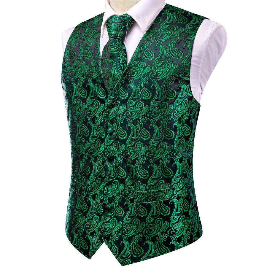 Dark Green Paisley Jacquard Silk Men's Vest Set vest set    - Sophisticated Gentlemen
