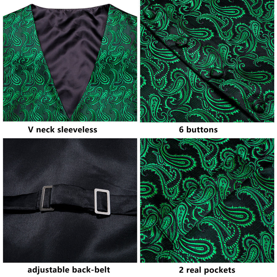 Dark Green Paisley Jacquard Silk Men's Vest Set vest set    - Sophisticated Gentlemen