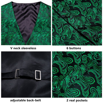 Dark Green Paisley Jacquard Silk Men's Vest Set vest set    - Sophisticated Gentlemen