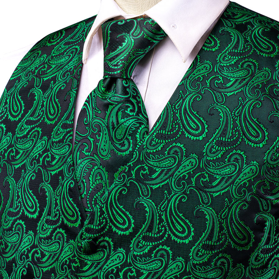 Dark Green Paisley Jacquard Silk Men's Vest Set vest set    - Sophisticated Gentlemen