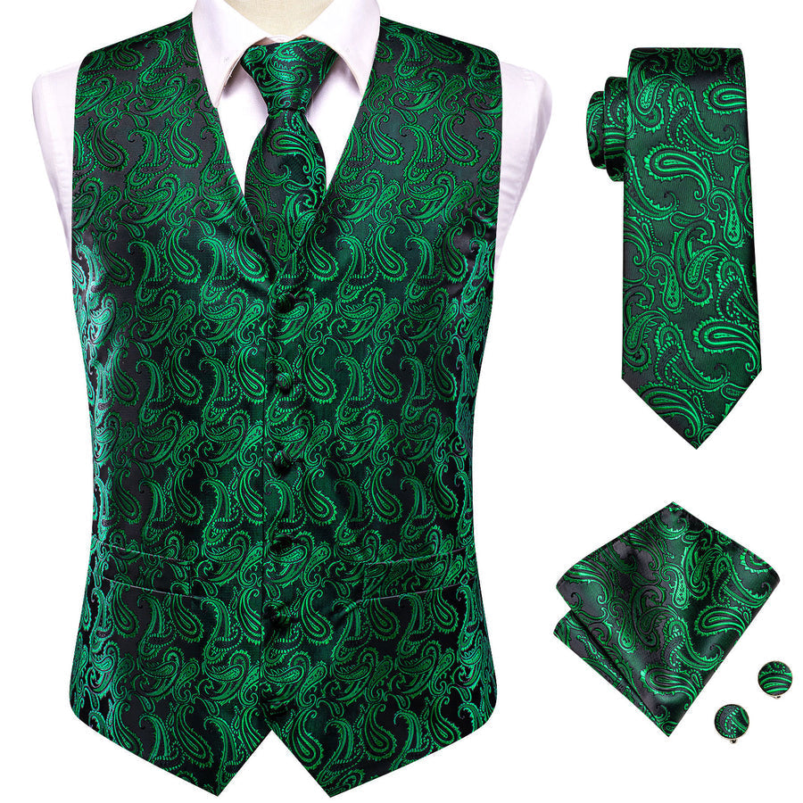 Dark Green Paisley Jacquard Silk Men's Vest Set vest set    - Sophisticated Gentlemen