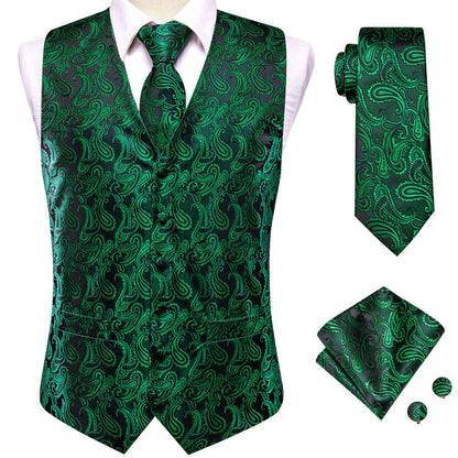 Dark Green Paisley Jacquard Silk Men's Vest Set vest set    - Sophisticated Gentlemen