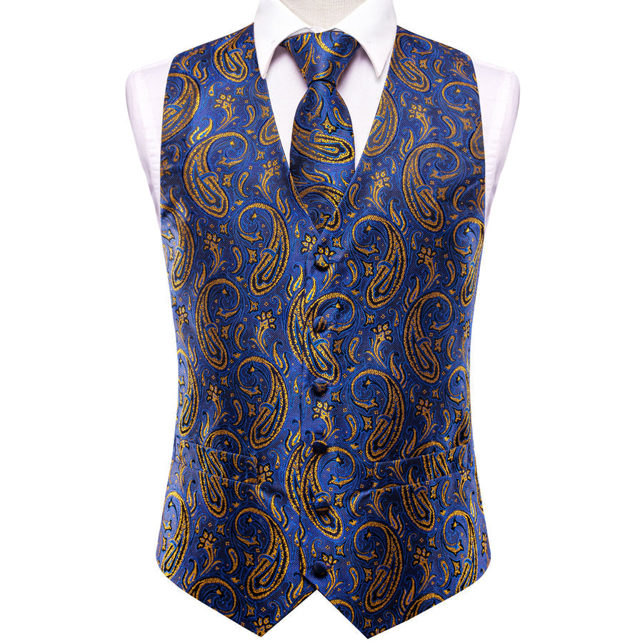 Blue Golden Paisley Jacquard Silk Vest Set vest set    - Sophisticated Gentlemen