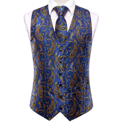 Blue Golden Paisley Jacquard Silk Vest Set vest set    - Sophisticated Gentlemen