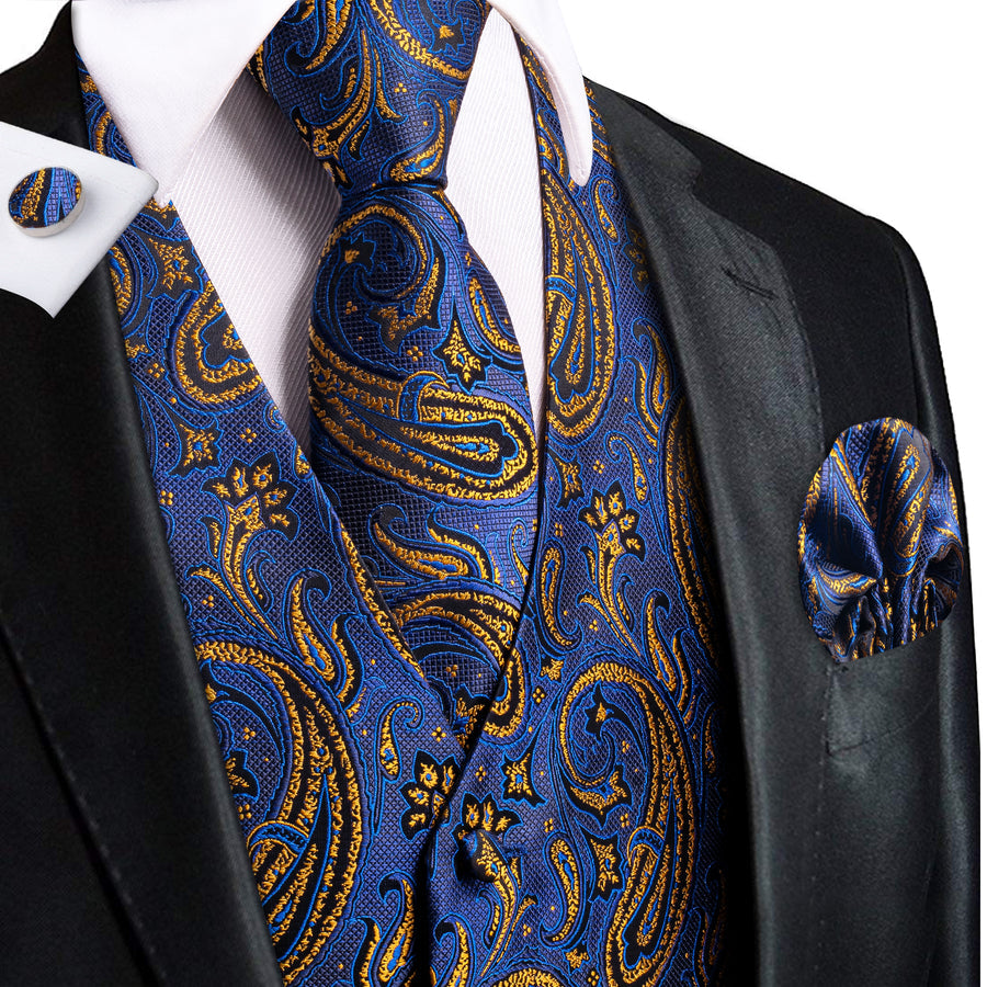 Blue Golden Paisley Jacquard Silk Vest Set vest set    - Sophisticated Gentlemen