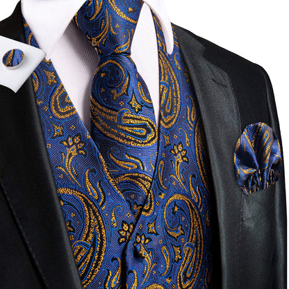 Blue Golden Paisley Jacquard Silk Vest Set vest set    - Sophisticated Gentlemen