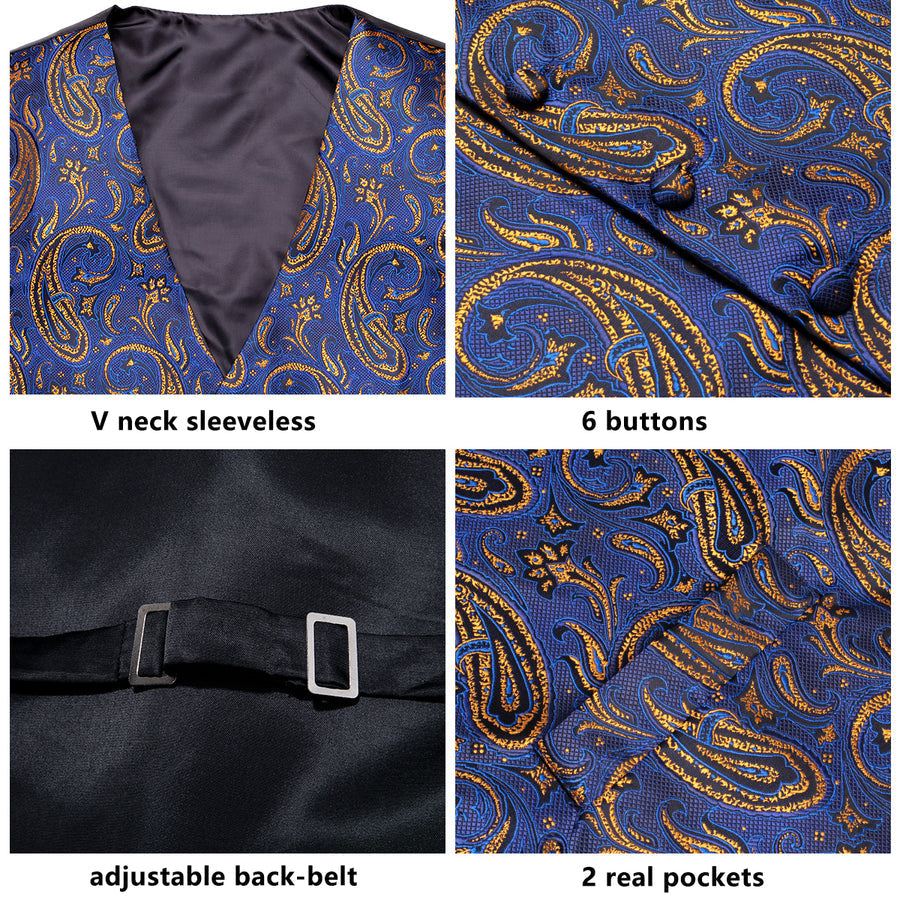 Blue Golden Paisley Jacquard Silk Vest Set vest set    - Sophisticated Gentlemen