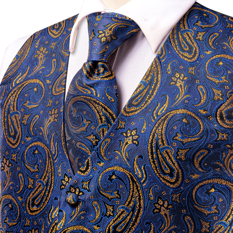 Blue Golden Paisley Jacquard Silk Vest Set vest set    - Sophisticated Gentlemen
