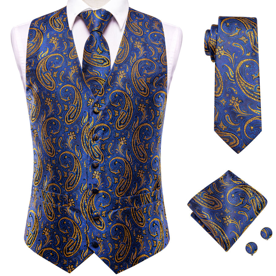 Blue Golden Paisley Jacquard Silk Vest Set vest set S (Chest 40")   - Sophisticated Gentlemen