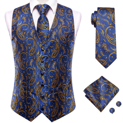 Blue Golden Paisley Jacquard Silk Vest Set vest set S (Chest 40")   - Sophisticated Gentlemen
