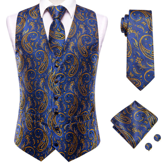 Blue Golden Paisley Jacquard Silk Vest Set vest set S (Chest 40")   - Sophisticated Gentlemen