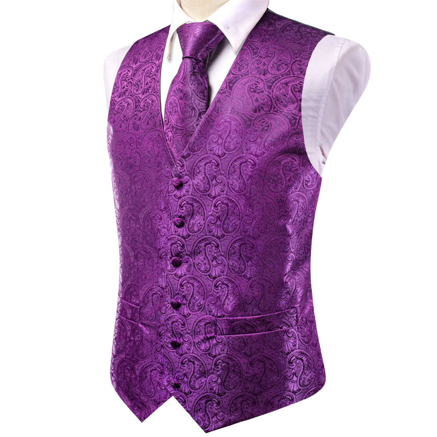 Dark Purple Paisley Jacquard Silk Men's Vest Set vest set    - Sophisticated Gentlemen