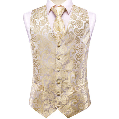 Champagne Beige Paisley Jacquard Silk Vest Set vest set    - Sophisticated Gentlemen