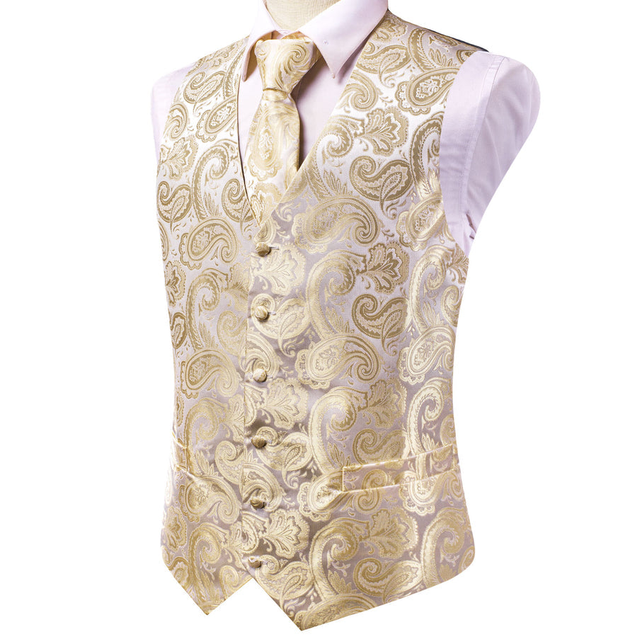 Champagne Beige Paisley Jacquard Silk Vest Set vest set    - Sophisticated Gentlemen