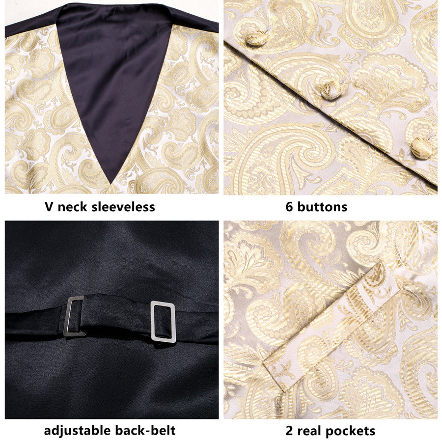 Champagne Beige Paisley Jacquard Silk Vest Set vest set    - Sophisticated Gentlemen