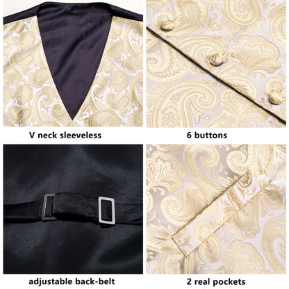 Champagne Beige Paisley Jacquard Silk Vest Set vest set    - Sophisticated Gentlemen