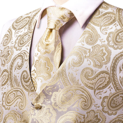 Champagne Beige Paisley Jacquard Silk Vest Set vest set    - Sophisticated Gentlemen