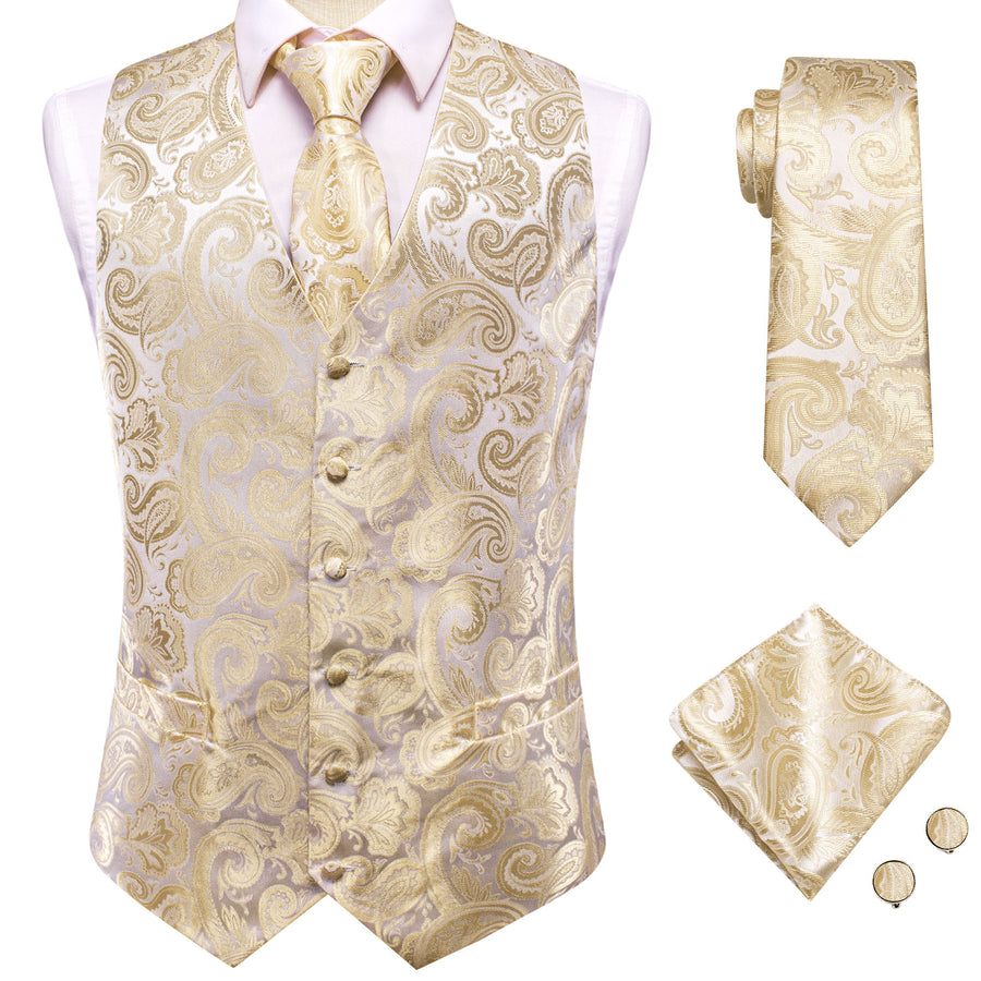 Champagne Beige Paisley Jacquard Silk Vest Set vest set    - Sophisticated Gentlemen