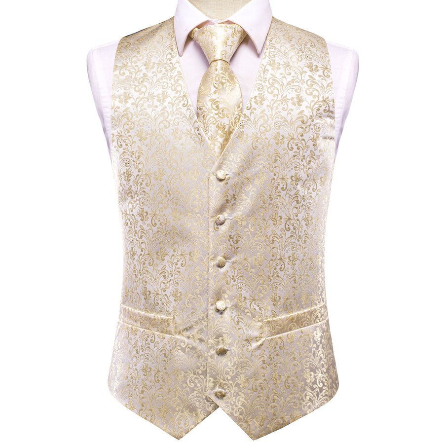 Champagne Beige Floral Jacquard Silk Vest Set vest set    - Sophisticated Gentlemen
