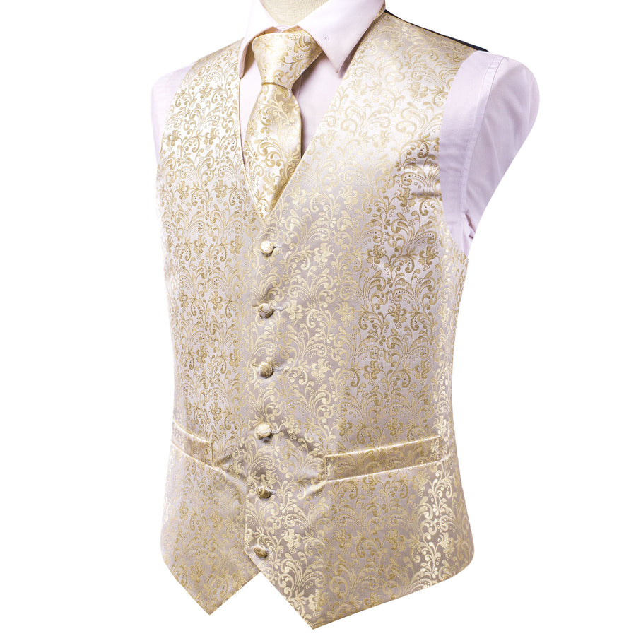 Champagne Beige Floral Jacquard Silk Vest Set vest set    - Sophisticated Gentlemen