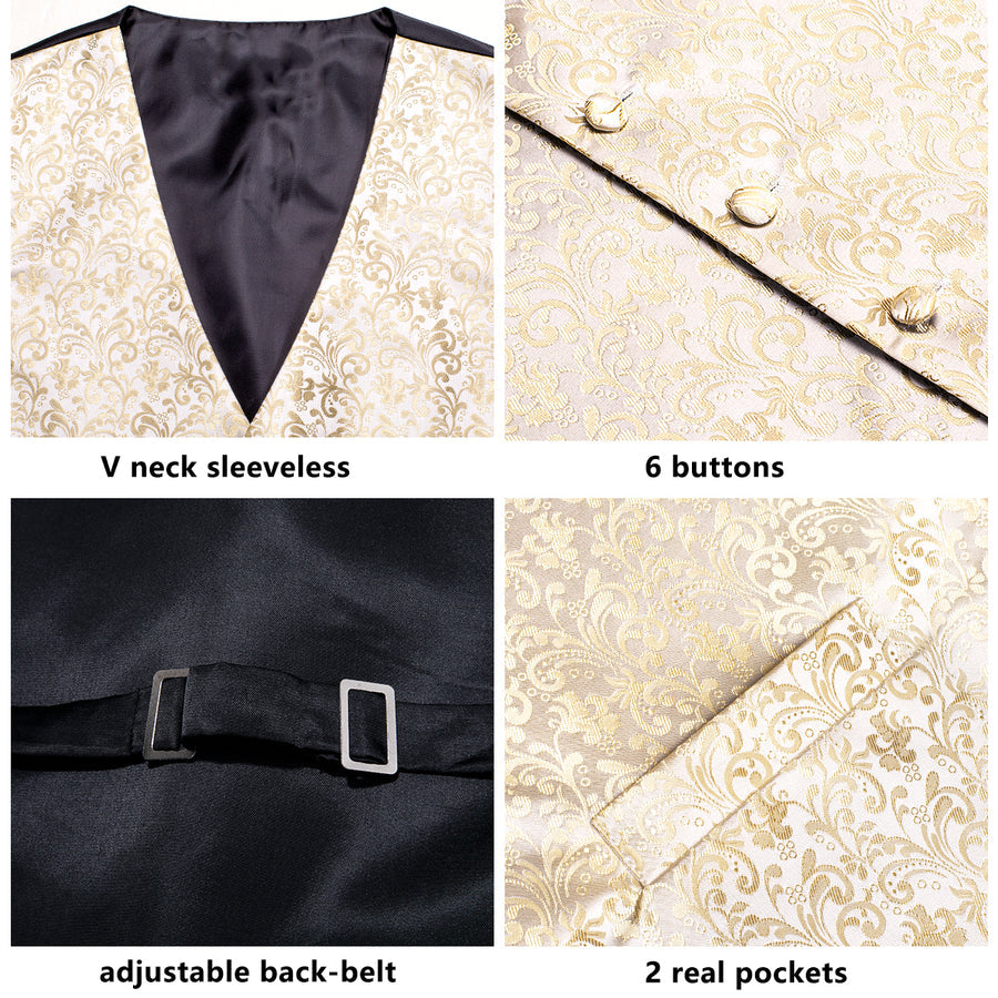 Champagne Beige Floral Jacquard Silk Vest Set vest set    - Sophisticated Gentlemen