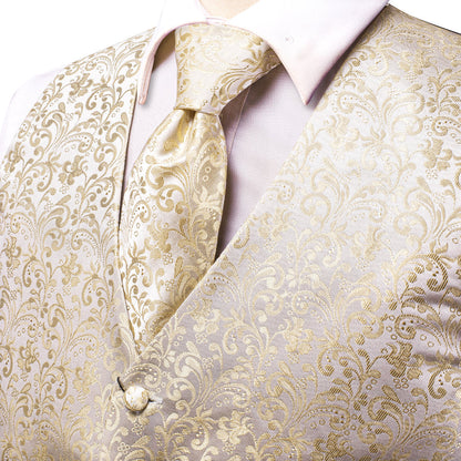 Champagne Beige Floral Jacquard Silk Vest Set vest set    - Sophisticated Gentlemen