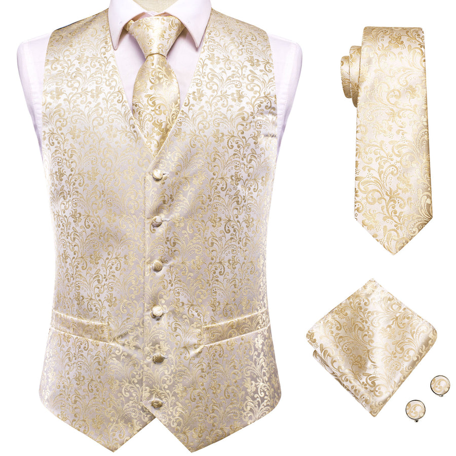Champagne Beige Floral Jacquard Silk Vest Set vest set    - Sophisticated Gentlemen