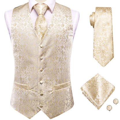 Champagne Beige Floral Jacquard Silk Vest Set vest set    - Sophisticated Gentlemen
