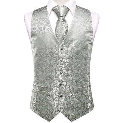 Silver Gray Floral Jacquard Silk Vest Set vest set    - Sophisticated Gentlemen
