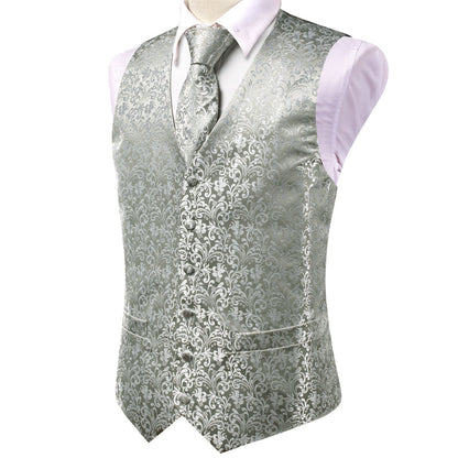 Silver Gray Floral Jacquard Silk Vest Set vest set    - Sophisticated Gentlemen