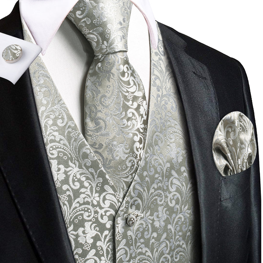 Silver Gray Floral Jacquard Silk Vest Set vest set S (Chest 40")   - Sophisticated Gentlemen