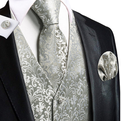 Silver Gray Floral Jacquard Silk Vest Set vest set S (Chest 40")   - Sophisticated Gentlemen
