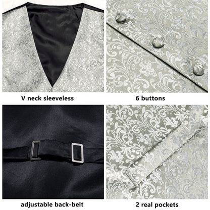 Silver Gray Floral Jacquard Silk Vest Set vest set    - Sophisticated Gentlemen