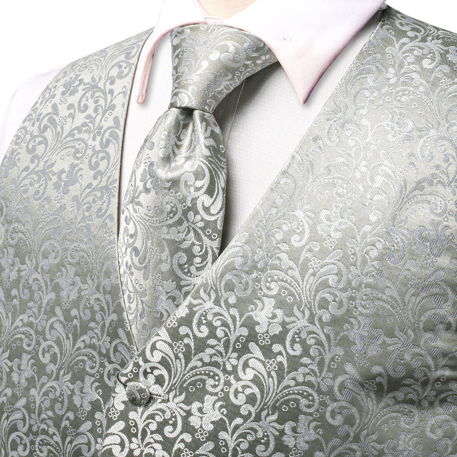 Silver Gray Floral Jacquard Silk Vest Set vest set    - Sophisticated Gentlemen