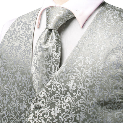 Silver Gray Floral Jacquard Silk Vest Set vest set    - Sophisticated Gentlemen