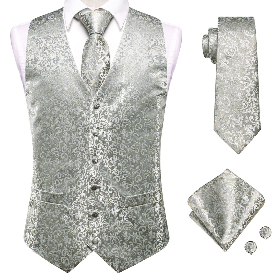 Silver Gray Floral Jacquard Silk Vest Set vest set    - Sophisticated Gentlemen