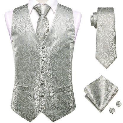 Silver Gray Floral Jacquard Silk Vest Set vest set    - Sophisticated Gentlemen
