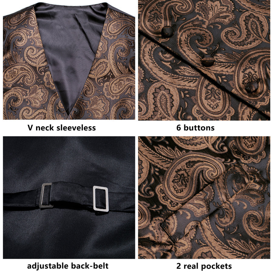 Black Brown Paisley Jacquard Silk Men's Vest Set vest set    - Sophisticated Gentlemen