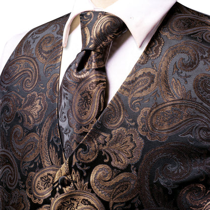 Black Brown Paisley Jacquard Silk Men's Vest Set vest set    - Sophisticated Gentlemen