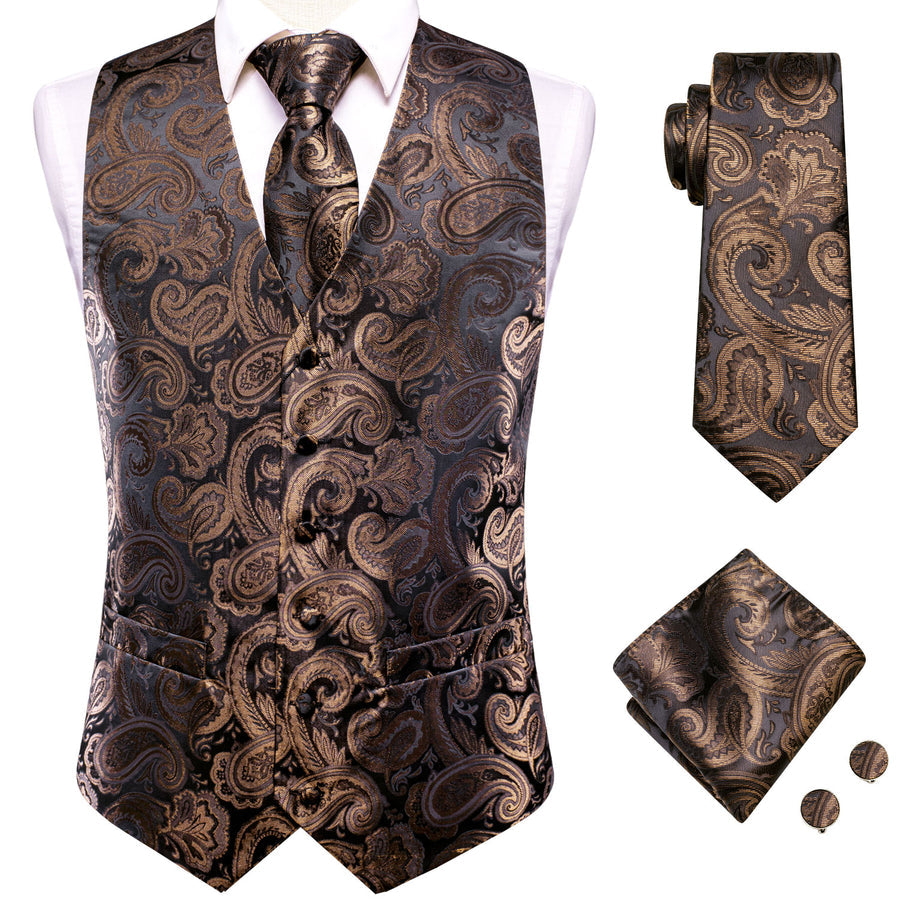 Black Brown Paisley Jacquard Silk Men's Vest Set vest set    - Sophisticated Gentlemen