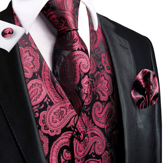 Dark Red Paisley Jacquard Silk Vest Set vest set S (Chest 40")   - Sophisticated Gentlemen